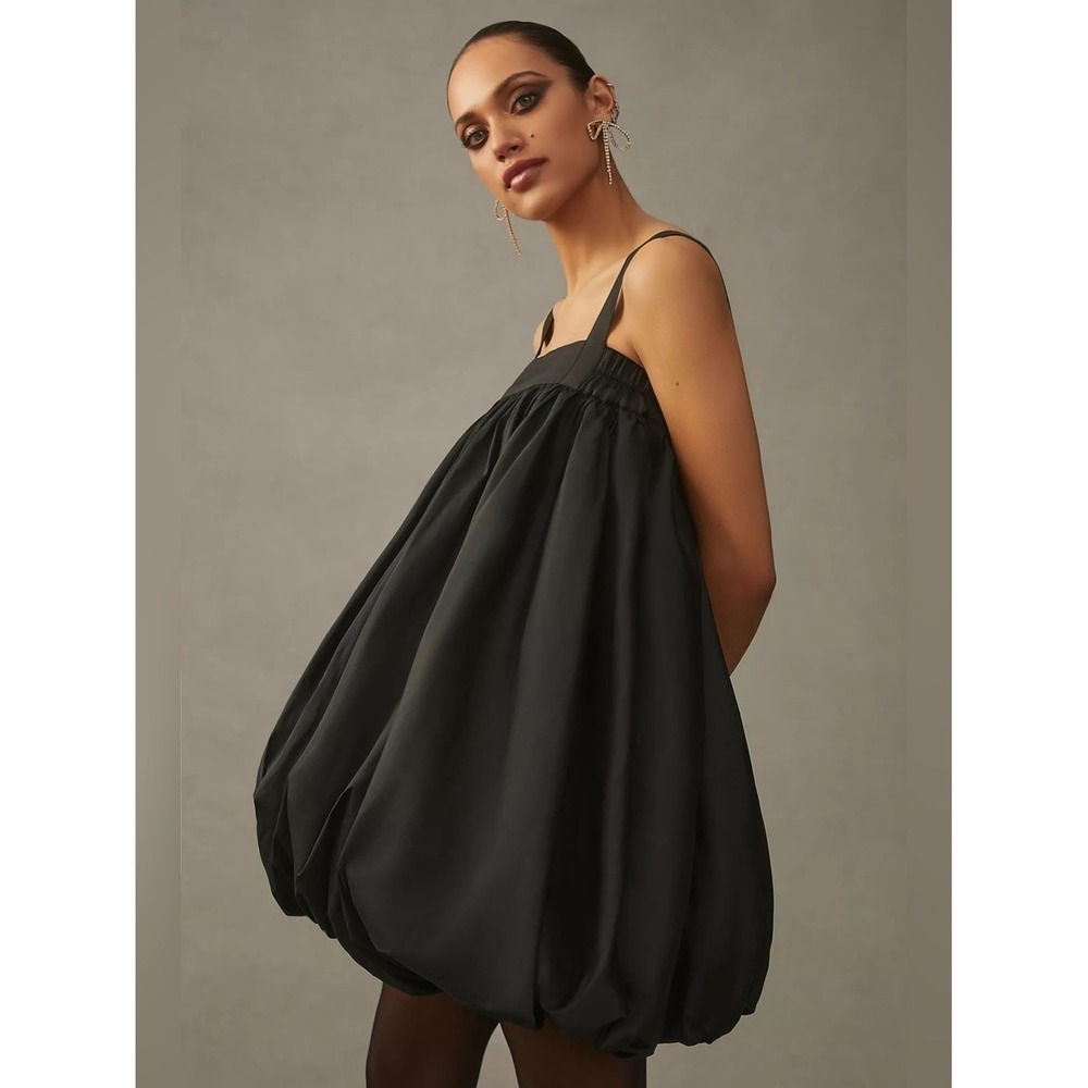 BLONI Anthropologie Black Taffeta Square Neck Bubble Mini Dress S High Fashion - Picture 7 of 14